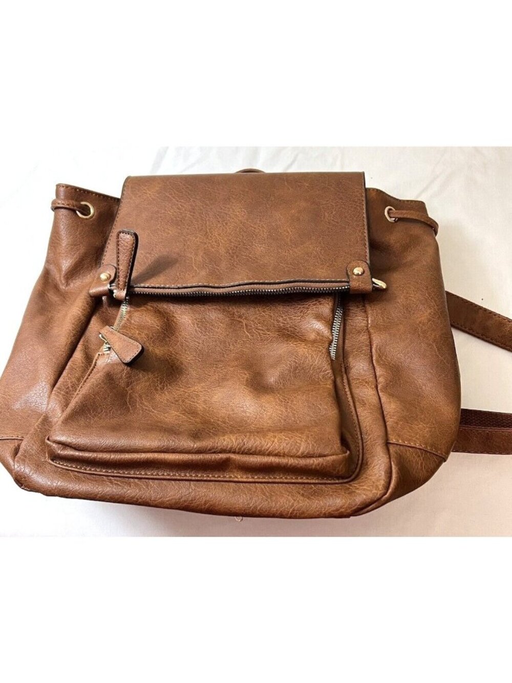 Brown Faux Leather Backpack With Top Handle & Adjustable Straps Multiple Zipper